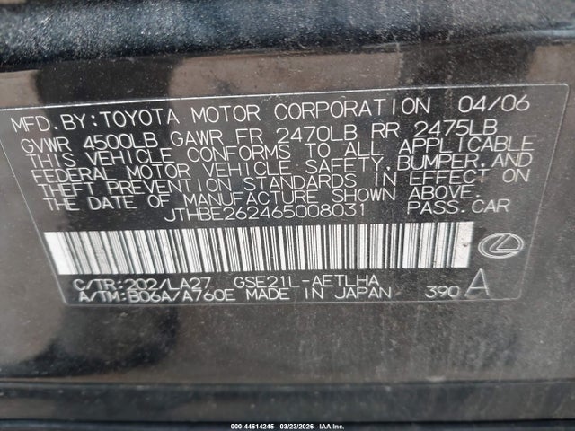 44614245 :رقم المزاد ، JTHBE262465008031 vin ، 2006 Lexus Is 350 مزاد بيع