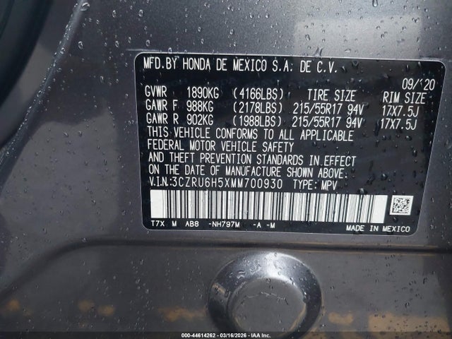 2021 Honda Hr-v Awd Ex მანქანა იყიდება აუქციონზე, vin: 3CZRU6H5XMM700930, აუქციონის ნომერი: 44614262