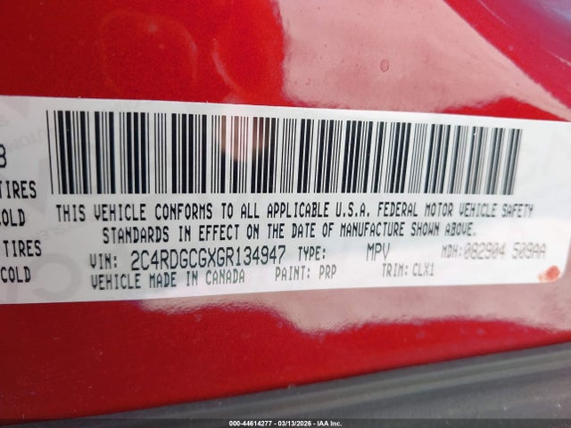Auction sale of the 2016 Dodge Grand Caravan Sxt, vin: 2C4RDGCGXGR134947, lot number: 44614277