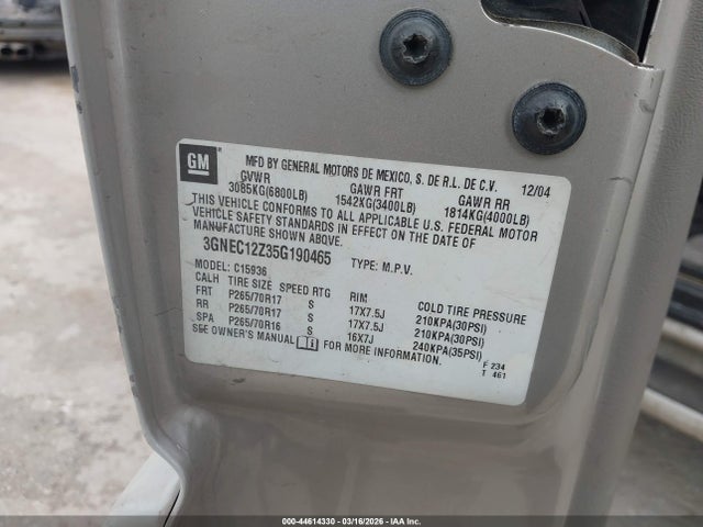 44614330 :رقم المزاد ، 3GNEC12Z35G190465 vin ، 2005 Chevrolet Avalanche 1500 Z66 مزاد بيع
