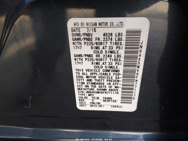 2015 Nissan Rogue Select S მანქანა იყიდება აუქციონზე, vin: JN8AS5MV9FW771178, აუქციონის ნომერი: 44614333