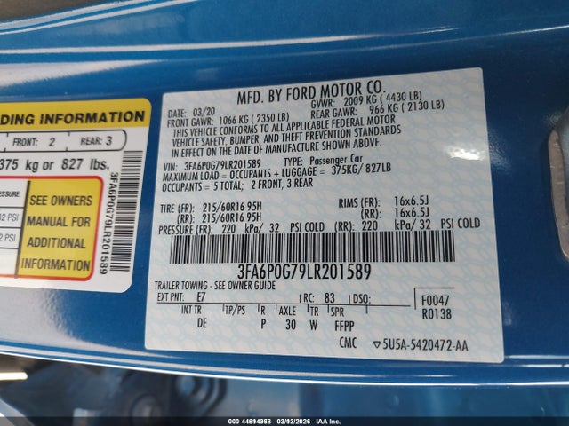 Ford FUSION S 2020 3FA6P0G79LR201589 Image 9