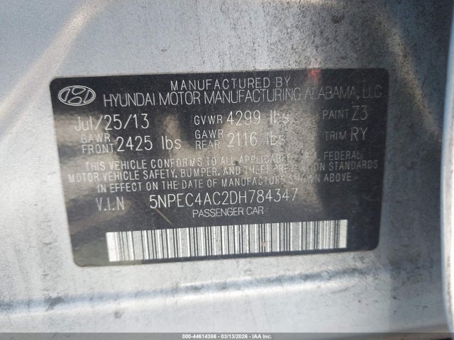 Продаж на аукціоні авто 2013 Hyundai Sonata Se, vin: 5NPEC4AC2DH784347, номер лоту: 44614386