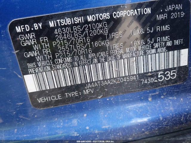 Продаж на аукціоні авто 2019 Mitsubishi Eclipse Cross Es, vin: JA4AT3AA2KZ045941, номер лоту: 44614393