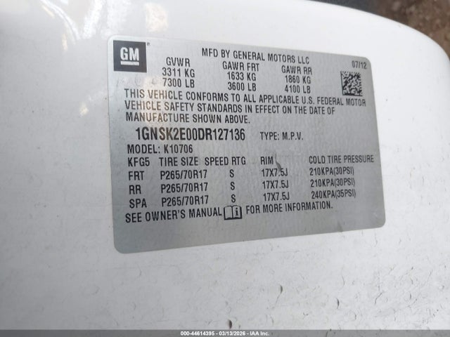 44614395 :رقم المزاد ، 1GNSK2E00DR127136 vin ، 2013 Chevrolet Tahoe Commercial Fleet مزاد بيع