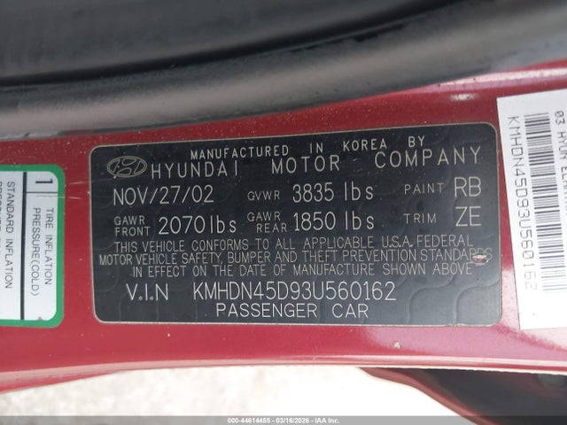 2003 HYUNDAI ELANTRA KMHDN45D93U560162 Photo 8