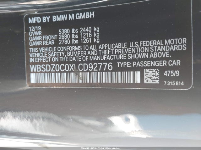44614474 :رقم المزاد ، WBSDZ0C0XLCD92776 vin ، 2020 Bmw M8 مزاد بيع
