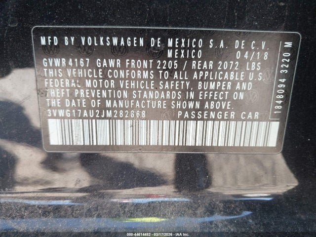 Продажа на аукционе авто 2018 Volkswagen Golf Tsi S/tsi Se, vin: 3VWG17AU2JM282868, номер лота: 44614482
