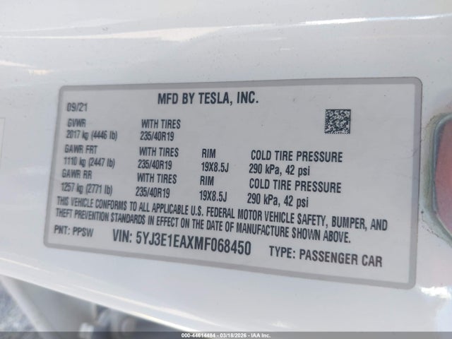 Aukcja sprzedaży 2021 Tesla Model 3 Standard Range Plus Rear-wheel Drive, vin: 5YJ3E1EAXMF068450, numer aukcji: 44614484