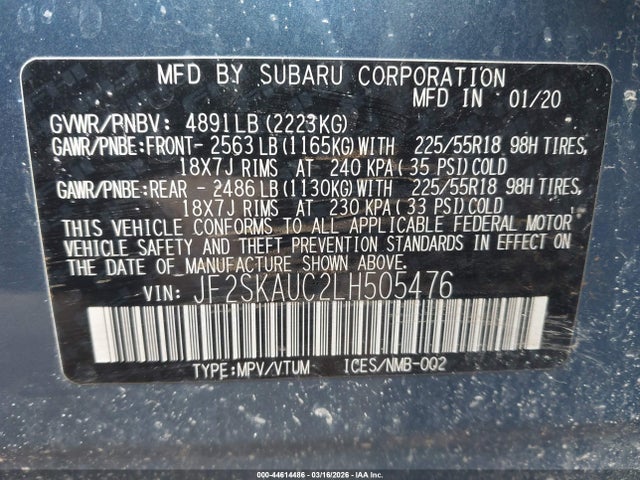 Aukcja sprzedaży 2020 Subaru Forester Limited, vin: JF2SKAUC2LH505476, numer aukcji: 44614486