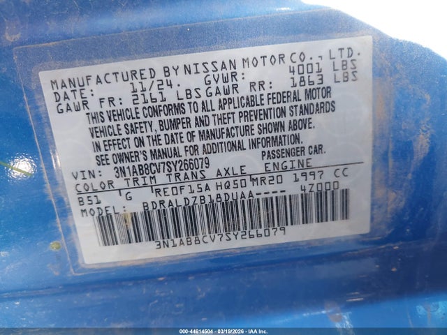 2025 Nissan Sentra Sv მანქანა იყიდება აუქციონზე, vin: 3N1AB8CV7SY266079, აუქციონის ნომერი: 44614504