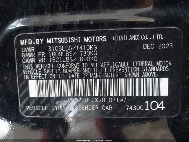 Продажа на аукционе авто 2024 Mitsubishi Mirage G4 Es, vin: ML32FUFJXRHF07197, номер лота: 44614546