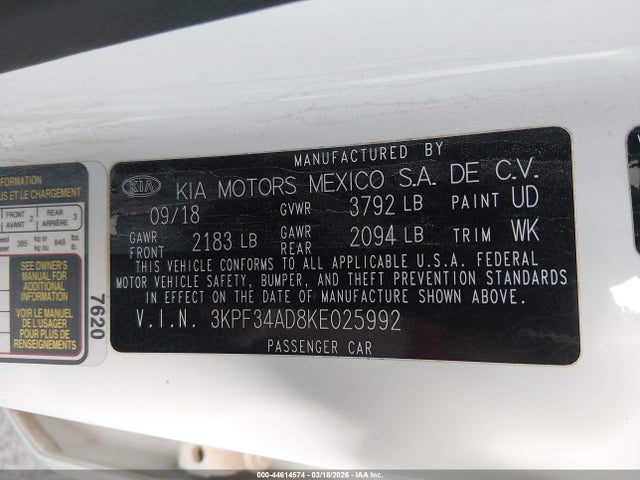 Aukcja sprzedaży 2019 Kia Forte S, vin: 3KPF34AD8KE025992, numer aukcji: 44614574