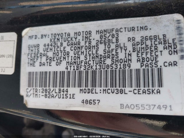 Aukcja sprzedaży 2003 Toyota Camry Se V6, vin: 4T1BF32K13U053189, numer aukcji: 44614641