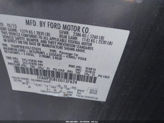 2014 Ford Taurus Sel მანქანა იყიდება აუქციონზე, vin: 1FAHP2E81EG137624, აუქციონის ნომერი: 44614651