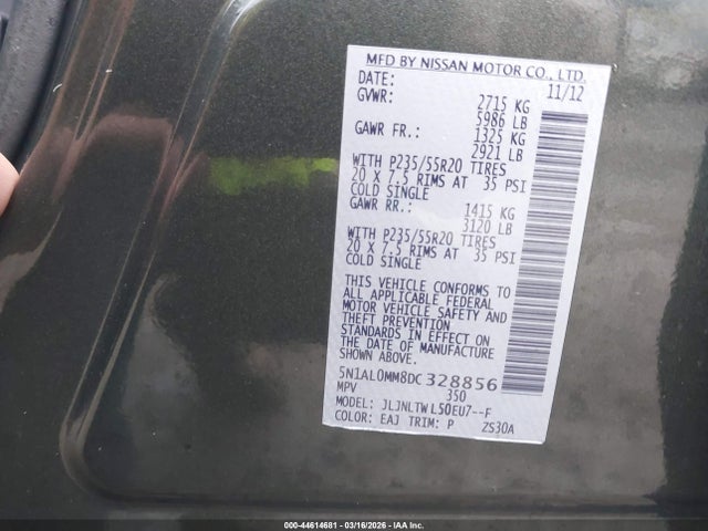 44614681 :رقم المزاد ، 5N1AL0MM8DC328856 vin ، 2013 Infiniti Jx35 مزاد بيع