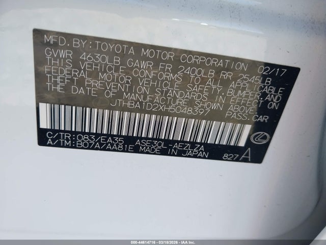44614716 :رقم المزاد ، JTHBA1D2XH5048397 vin ، 2017 Lexus Is 200t مزاد بيع