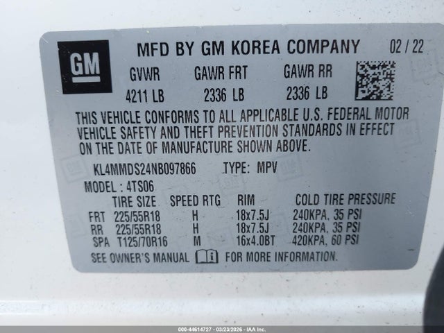 44614727 :رقم المزاد ، KL4MMDS24NB097866 vin ، 2022 Buick Encore Gx Fwd Select مزاد بيع