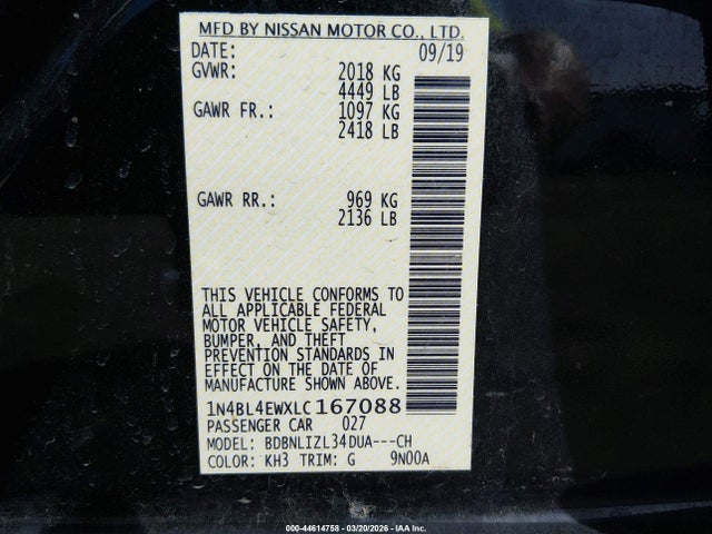44614758 :رقم المزاد ، 1N4BL4EWXLC167088 vin ، 2020 Nissan Altima Sl Intelligent Awd مزاد بيع