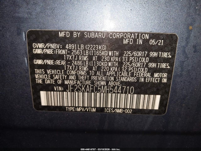 Aukcja sprzedaży 2021 Subaru Forester Premium, vin: JF2SKAFC5MH544710, numer aukcji: 44614787