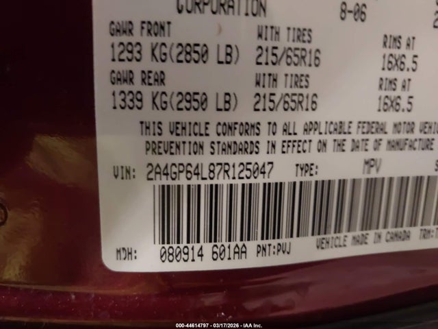 44614797 :رقم المزاد ، 2A4GP64L87R125047 vin ، 2007 Chrysler Town & Country Limited مزاد بيع