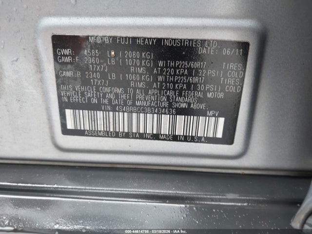 44614798 :رقم المزاد ، 4S4BRBCC3B3434636 vin ، 2011 Subaru Outback 2.5i Premium مزاد بيع