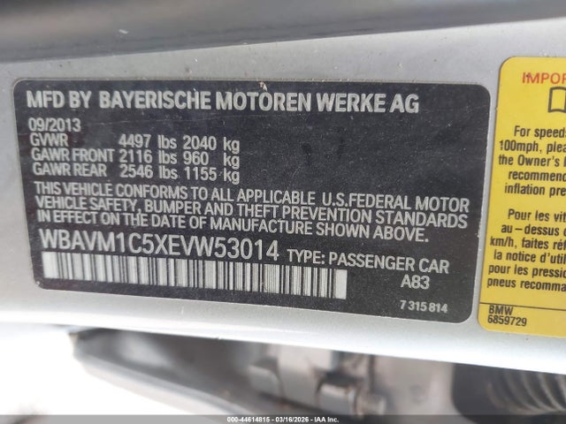 Aukcja sprzedaży 2014 Bmw X1 Sdrive28i, vin: WBAVM1C5XEVW53014, numer aukcji: 44614815