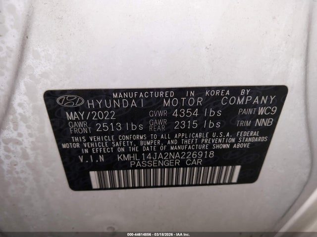 44614856 :رقم المزاد ، KMHL14JA2NA226918 vin ، 2022 Hyundai Sonata Sel مزاد بيع