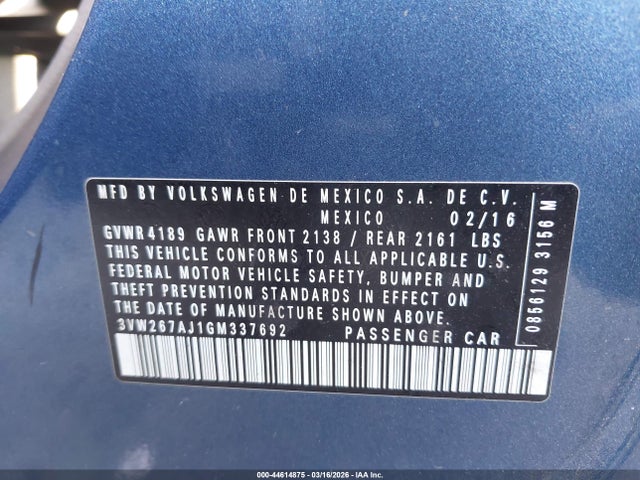 Продажа на аукционе авто 2016 Volkswagen Jetta 1.4t S, vin: 3VW267AJ1GM337692, номер лота: 44614875
