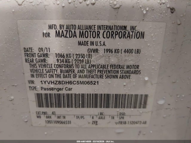 Aukcja sprzedaży 2012 Mazda Mazda6 I Touring, vin: 1YVHZ8DH6C5M06521, numer aukcji: 44614889