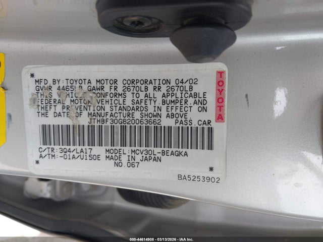 Продаж на аукціоні авто 2002 Lexus Es 300, vin: JTHBF30G820063662, номер лоту: 44614908
