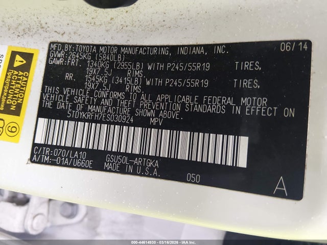 Toyota Highlander Limited V6 2014 5TDYKRFH7ES030924 Image 9