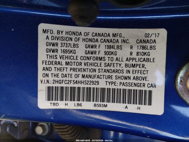 44614935 :رقم المزاد ، 2HGFC2F54HH522929 vin ، 2017 Honda Civic Lx مزاد بيع