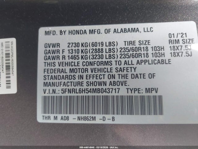 2021 HONDA ODYSSEY 5FNRL6H54MB043717 Photo 8