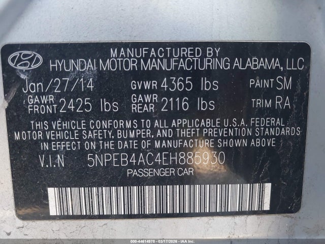 44614970 :رقم المزاد ، 5NPEB4AC4EH885930 vin ، 2014 Hyundai Sonata Gls مزاد بيع
