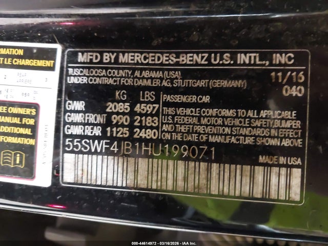 Продаж на аукціоні авто 2017 Mercedes-benz C 300, vin: 55SWF4JB1HU199071, номер лоту: 44614972