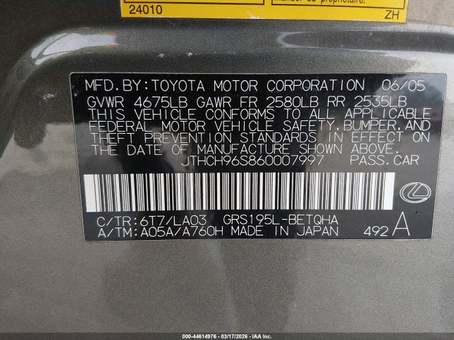 Aukcja sprzedaży 2006 Lexus Gs 300, vin: JTHCH96S860007997, numer aukcji: 44614976