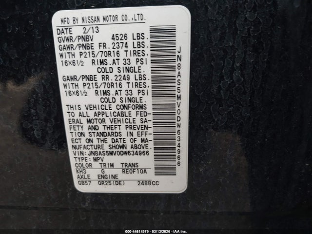 2013 Nissan Rogue S მანქანა იყიდება აუქციონზე, vin: JN8AS5MV0DW634966, აუქციონის ნომერი: 44614979