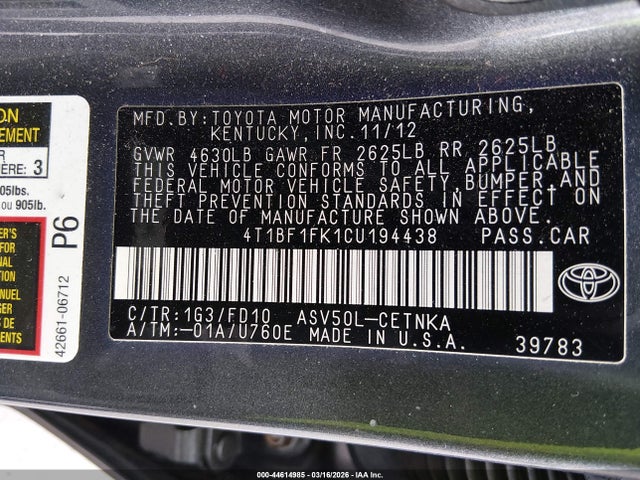 Aukcja sprzedaży 2012 Toyota Camry Le, vin: 4T1BF1FK1CU194438, numer aukcji: 44614985