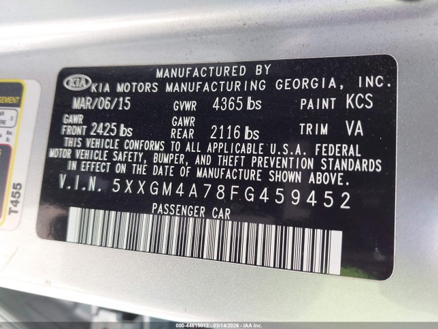 2015 Kia Optima Lx მანქანა იყიდება აუქციონზე, vin: 5XXGM4A78FG459452, აუქციონის ნომერი: 44615012