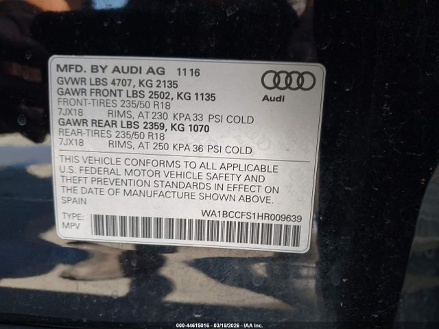 2017 Audi Q3 2.0t Premium მანქანა იყიდება აუქციონზე, vin: WA1BCCFS1HR009639, აუქციონის ნომერი: 44615016