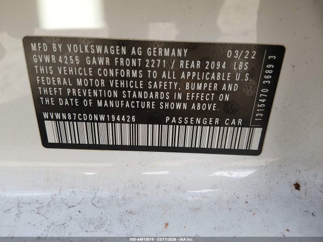2022 Volkswagen Golf Gti 2.0t Se მანქანა იყიდება აუქციონზე, vin: WVWN87CD0NW194426, აუქციონის ნომერი: 44615018