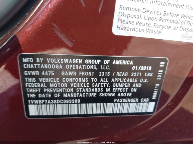 44615027 :رقم المزاد ، 1VWBP7A38DC093308 vin ، 2013 Volkswagen Passat 2.5l Se مزاد بيع