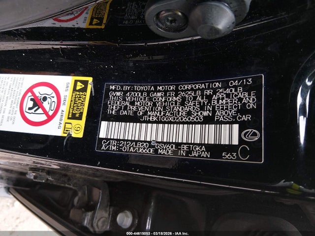 44615053 :رقم المزاد ، JTHBK1GGXD2060503 vin ، 2013 Lexus Es 350 مزاد بيع