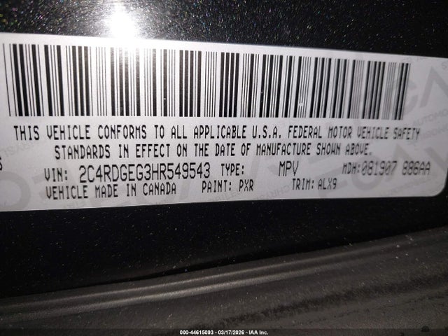 2017 Dodge Grand Caravan Gt მანქანა იყიდება აუქციონზე, vin: 2C4RDGEG3HR549543, აუქციონის ნომერი: 44615093