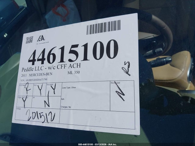 Продажа на аукционе авто 2011 Mercedes-benz Ml 350, vin: 4JGBB5GBXBA671790, номер лота: 44615100