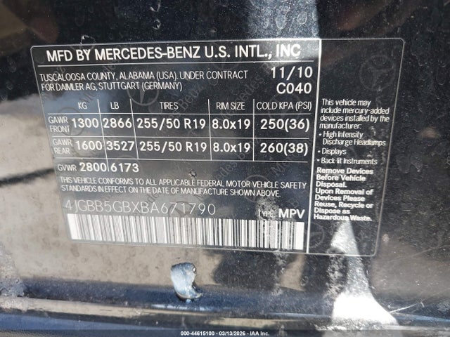 Продажа на аукционе авто 2011 Mercedes-benz Ml 350, vin: 4JGBB5GBXBA671790, номер лота: 44615100