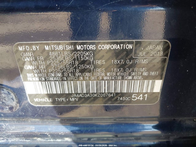 Продаж на аукціоні авто 2019 Mitsubishi Outlander Se, vin: JA4AD3A30KZ007641, номер лоту: 44615124