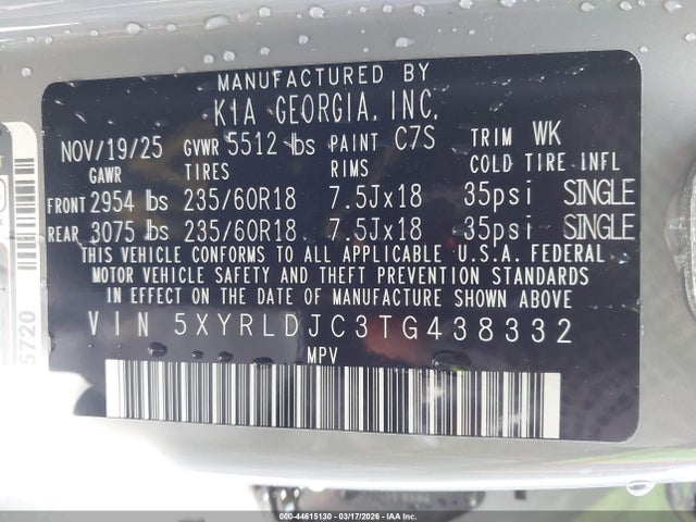 Aukcja sprzedaży 2026 Kia Sorento S, vin: 5XYRLDJC3TG438332, numer aukcji: 44615130