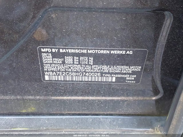 Продаж на аукціоні авто 2017 Bmw 740i, vin: WBA7E2C58HG740026, номер лоту: 44615131
